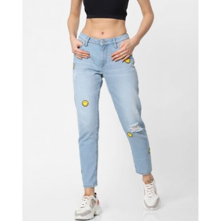 Mountcartail x smiley blue mid rise smiley print mom jeans
